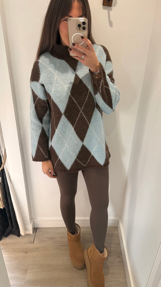 BLUE AND BROWN ARGYLE LONGLINE TURTLENECK KNIT