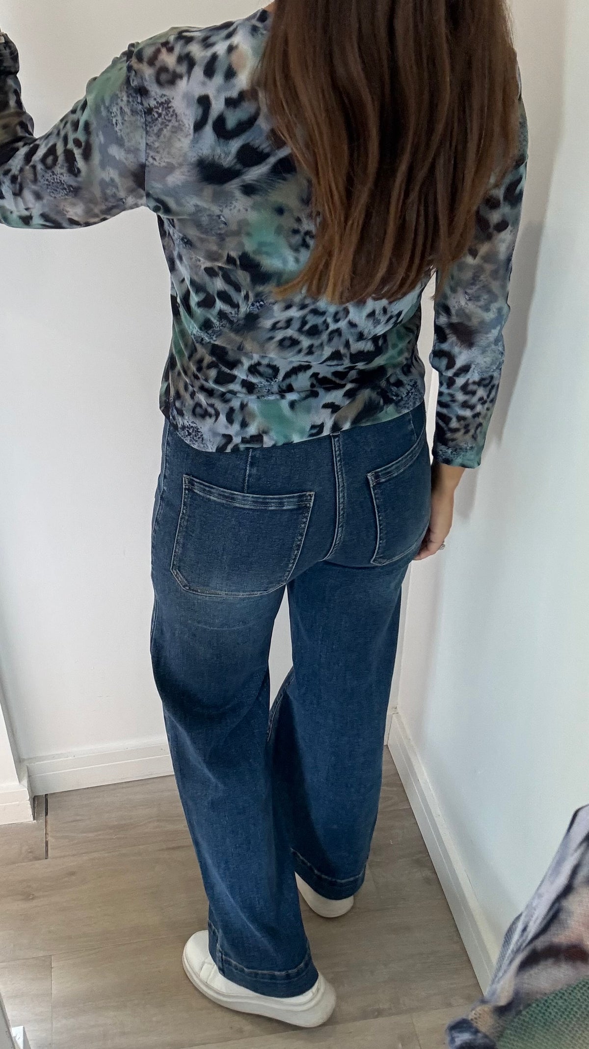 BLUE AND GREEN LEOPARD SHEER TOP