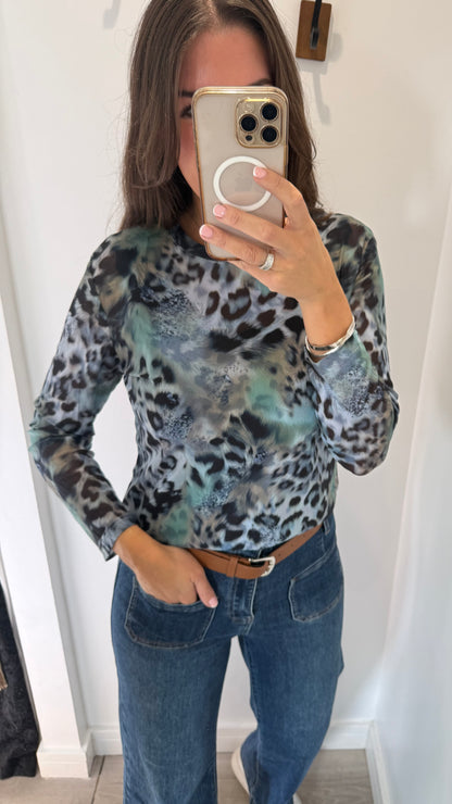 BLUE AND GREEN LEOPARD SHEER TOP