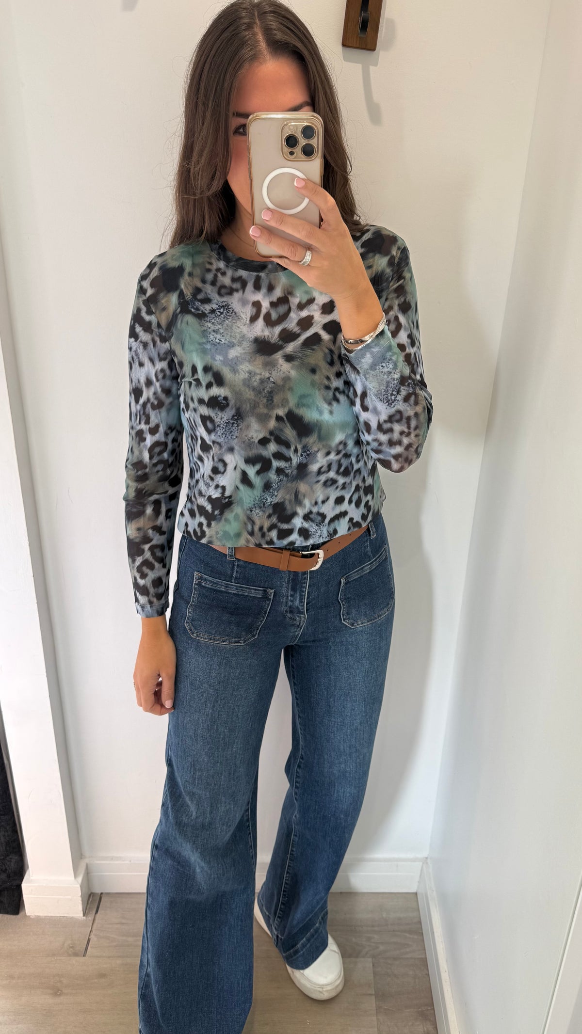 BLUE AND GREEN LEOPARD SHEER TOP