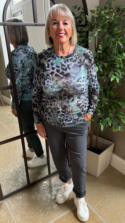 BLUE AND GREEN LEOPARD SHEER TOP
