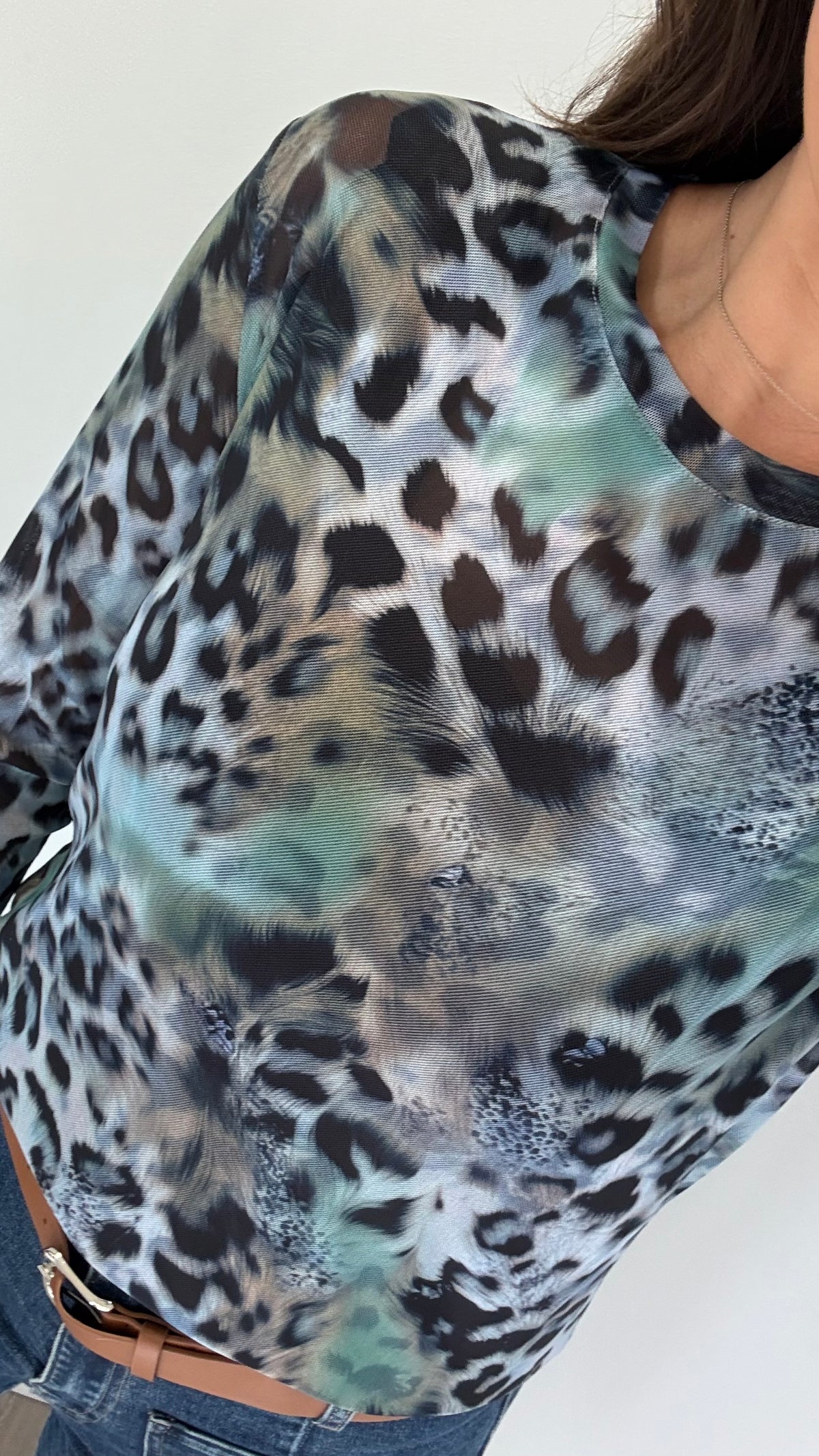 BLUE AND GREEN LEOPARD SHEER TOP