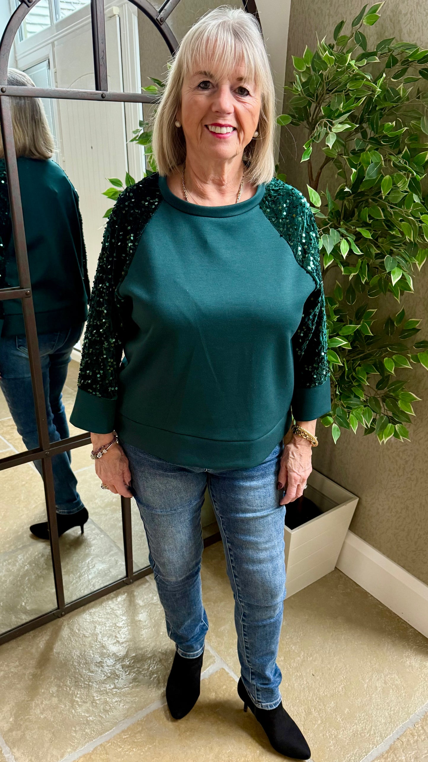 BOTTLE GREEN SEQUIN SLEEVE SWEAT TOP