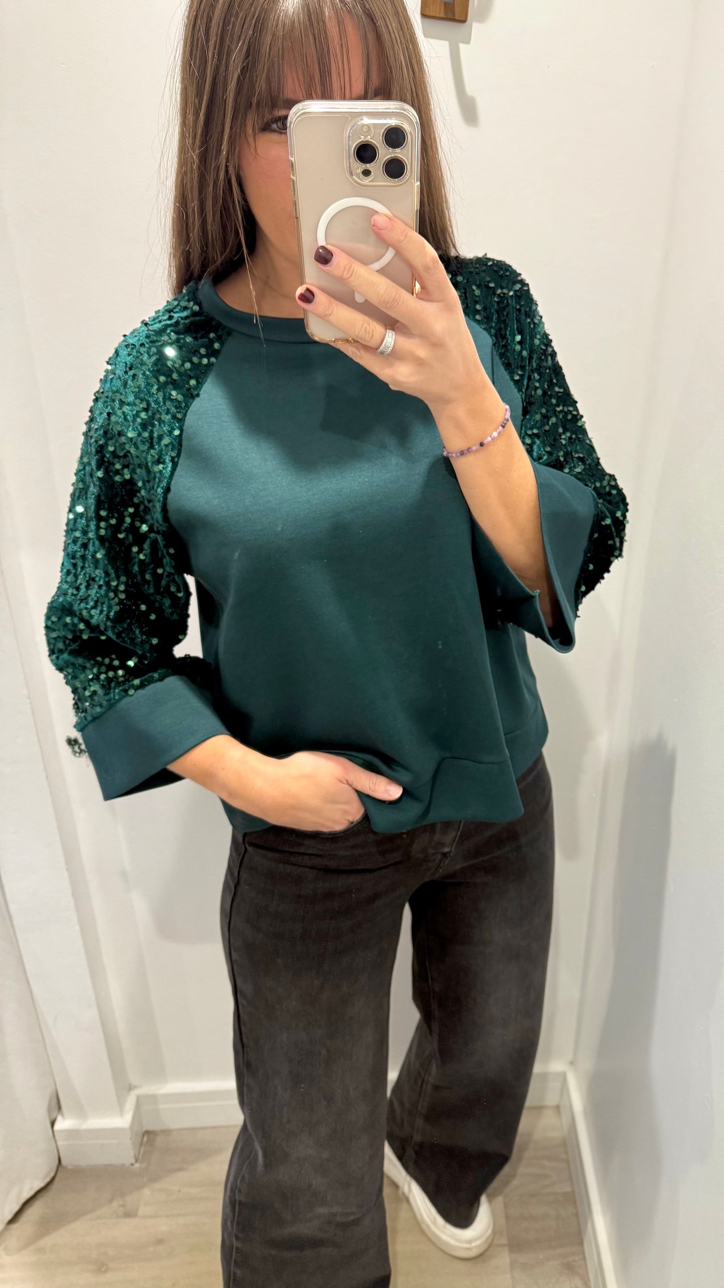 BOTTLE GREEN SEQUIN SLEEVE SWEAT TOP