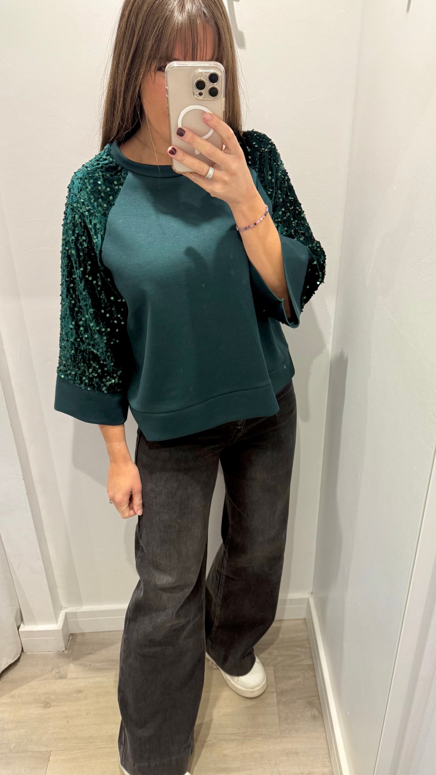 BOTTLE GREEN SEQUIN SLEEVE SWEAT TOP