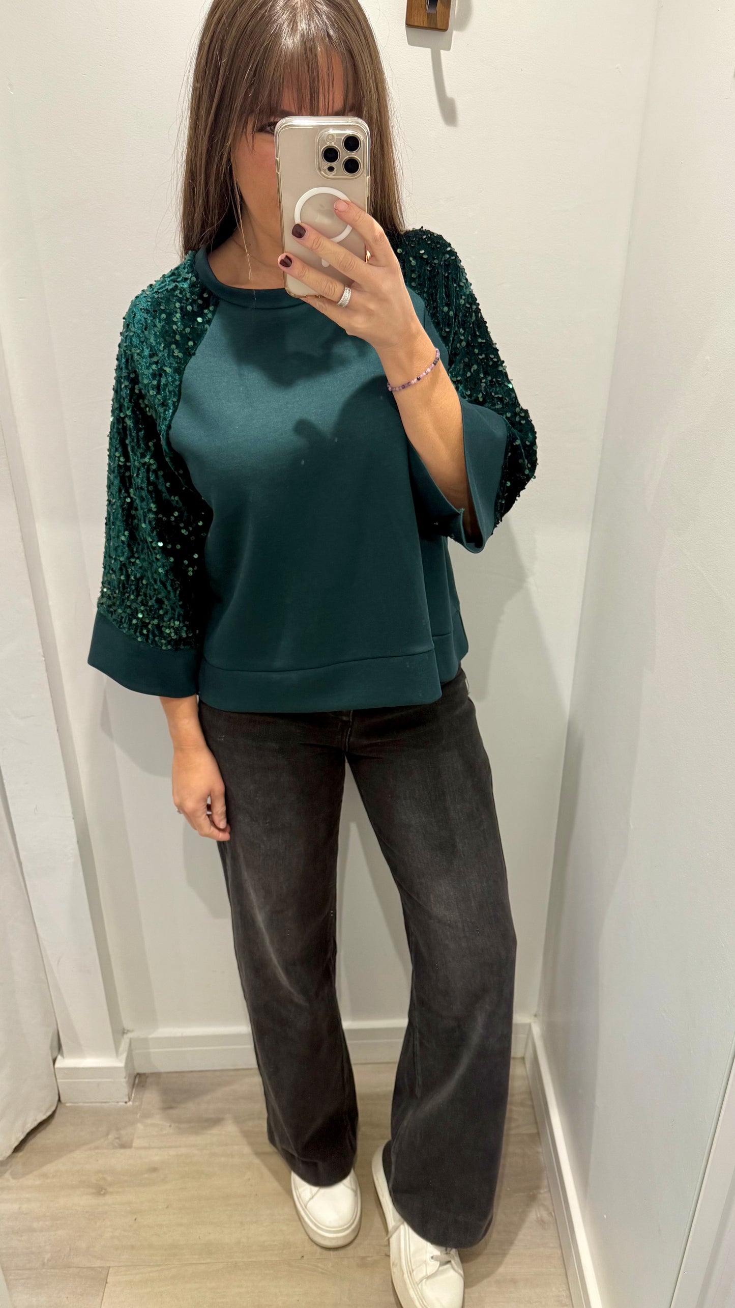 BOTTLE GREEN SEQUIN SLEEVE SWEAT TOP