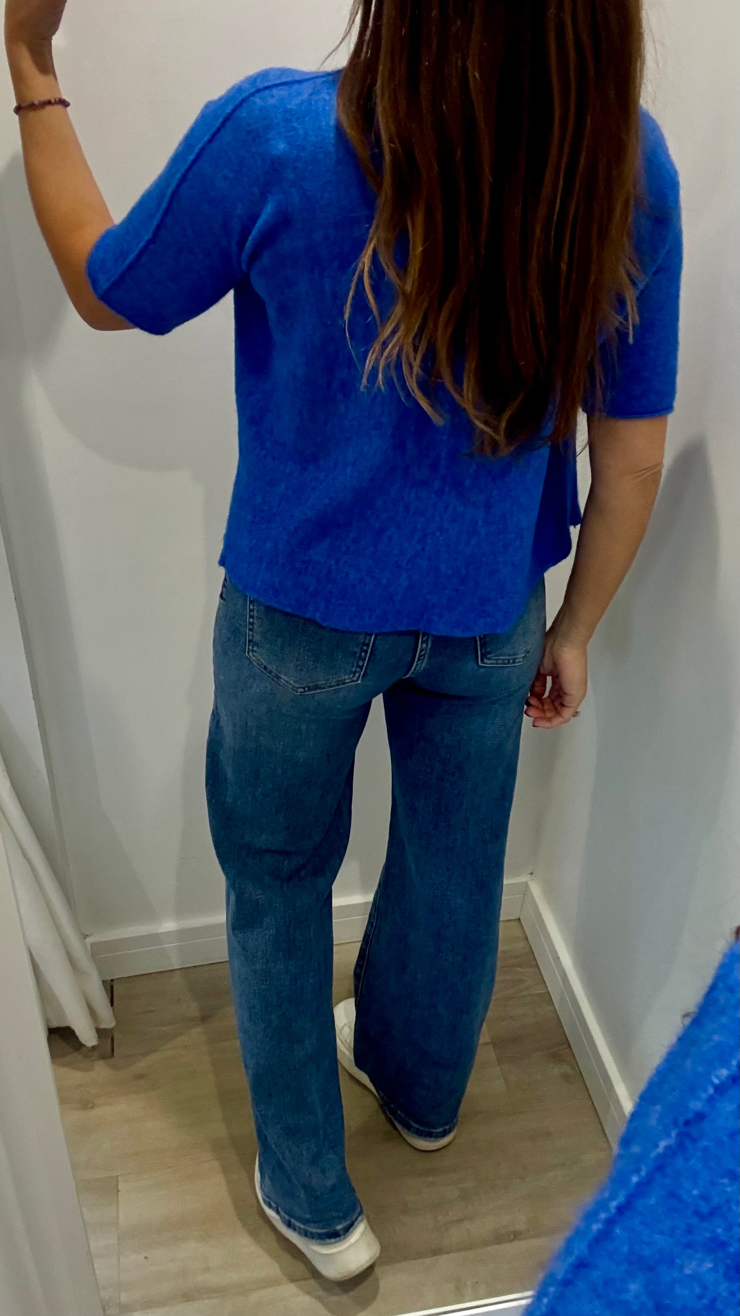 BRIGHT BLUE TURTLE NECK SHORT SLEEVE FINE KNIT JUMPER