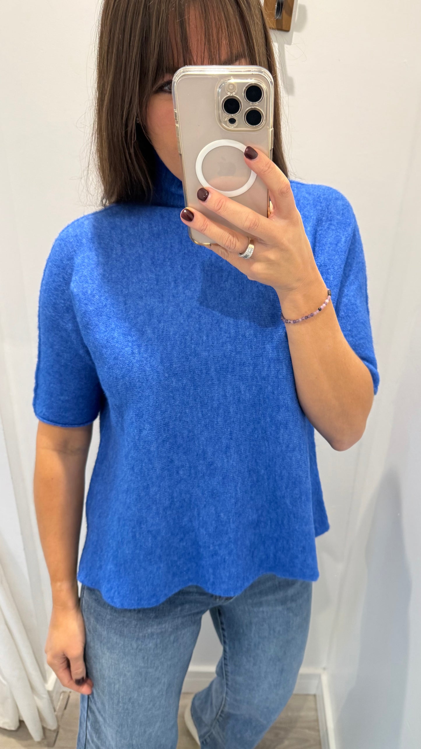 BRIGHT BLUE TURTLE NECK SHORT SLEEVE FINE KNIT JUMPER