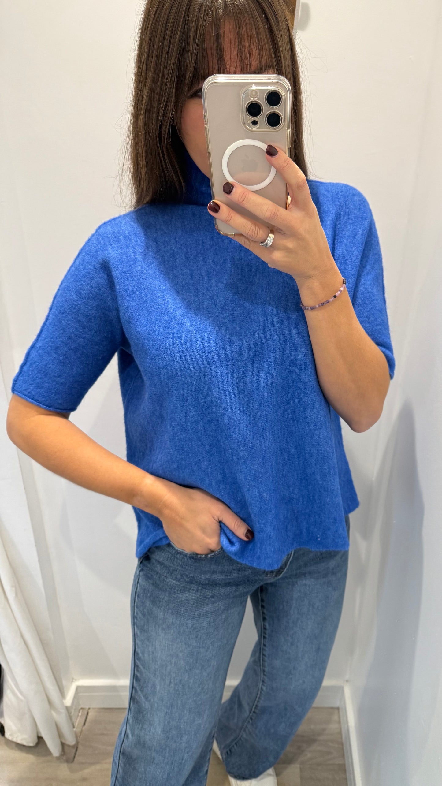 BRIGHT BLUE TURTLE NECK SHORT SLEEVE FINE KNIT JUMPER