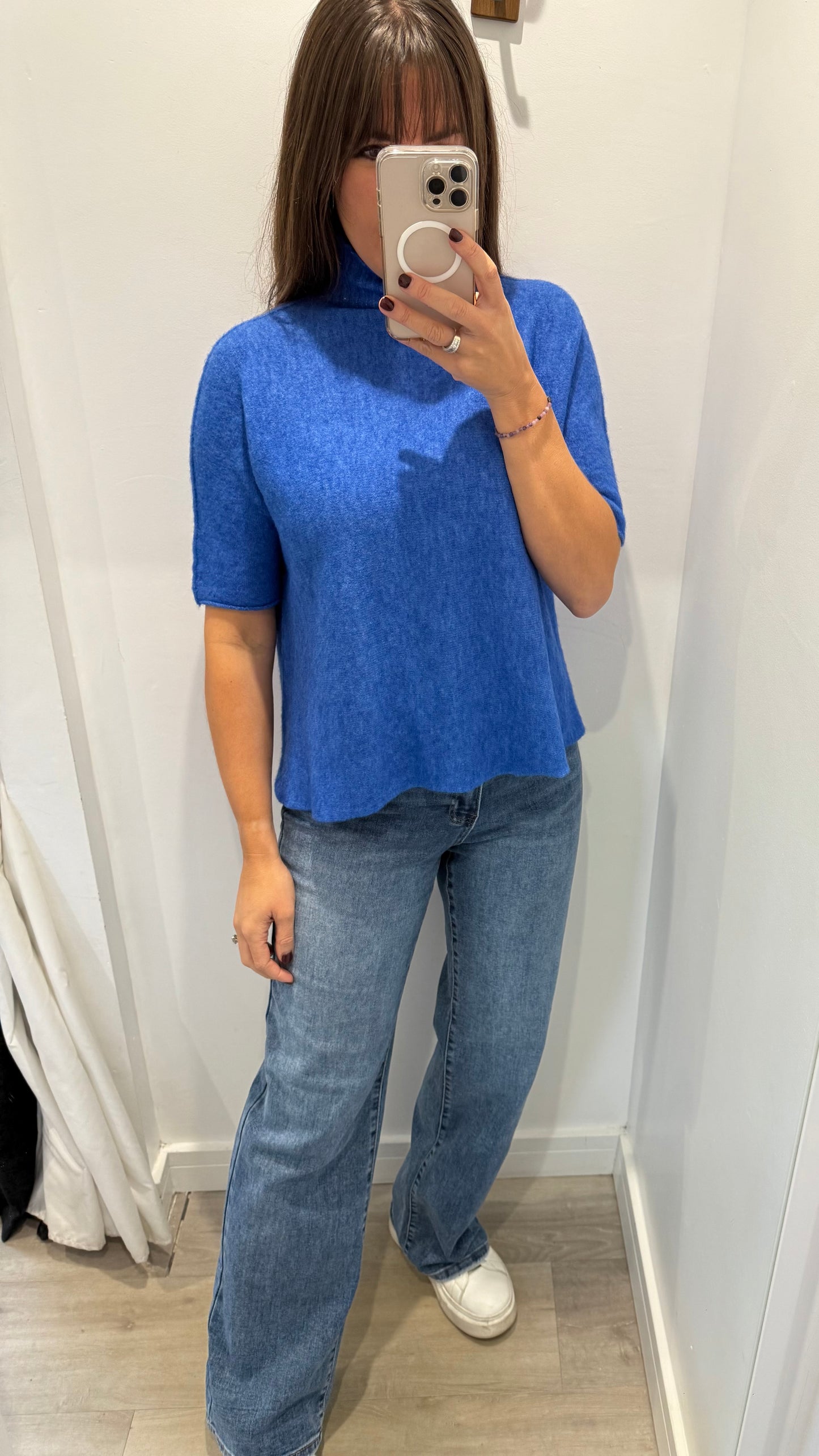 BRIGHT BLUE TURTLE NECK SHORT SLEEVE FINE KNIT JUMPER