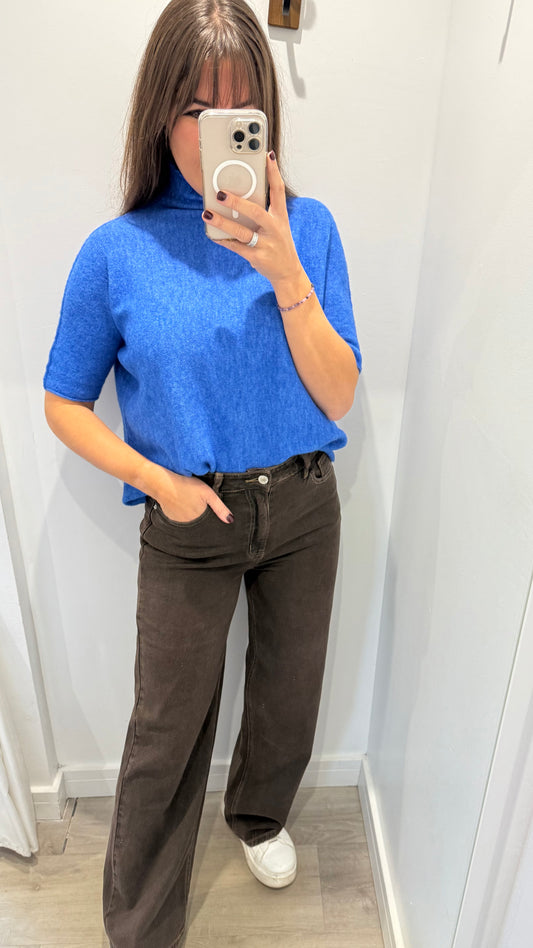 BRIGHT BLUE TURTLE NECK SHORT SLEEVE FINE KNIT JUMPER