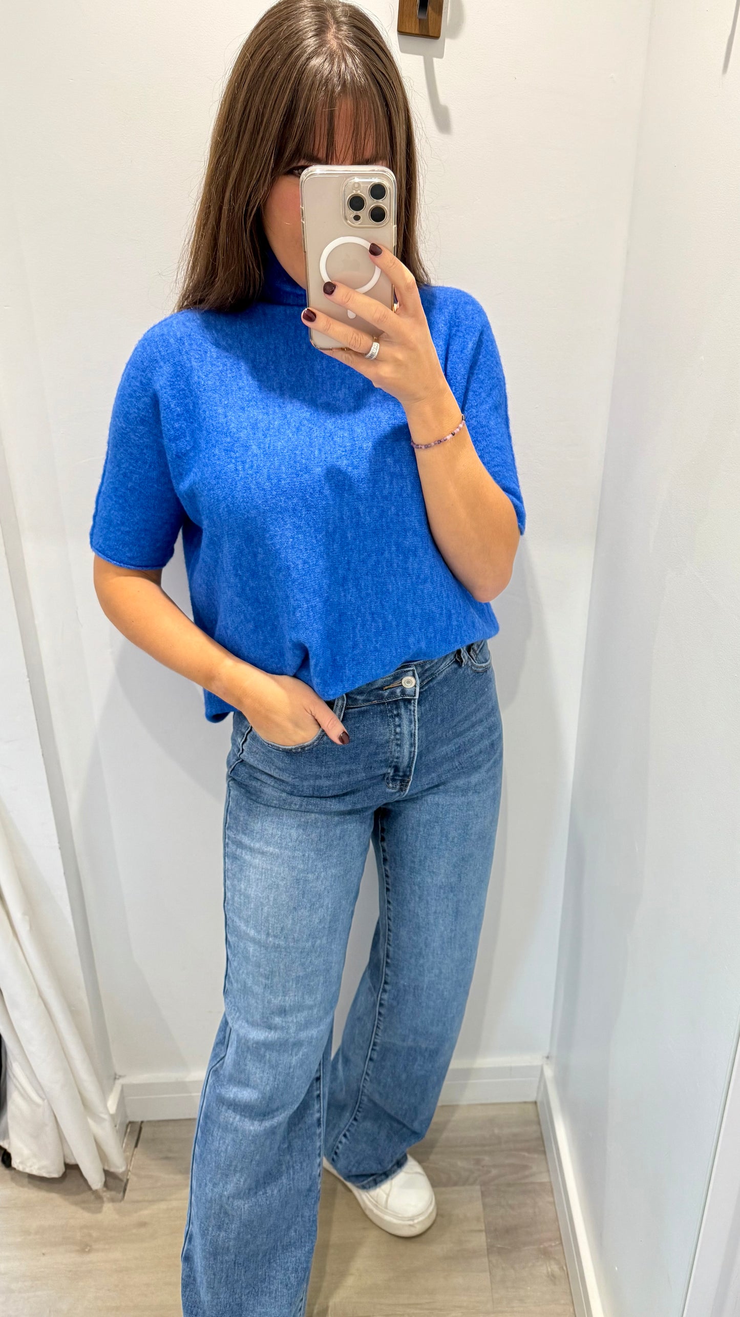 BRIGHT BLUE TURTLE NECK SHORT SLEEVE FINE KNIT JUMPER