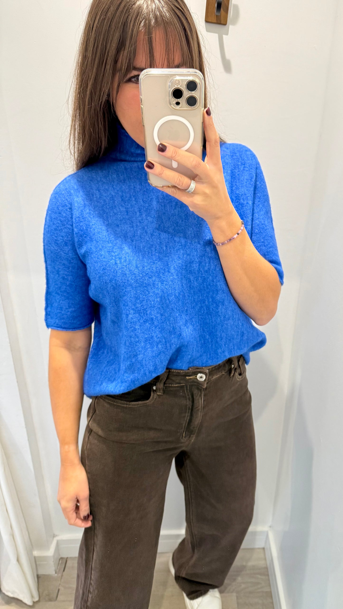 BRIGHT BLUE TURTLE NECK SHORT SLEEVE FINE KNIT JUMPER