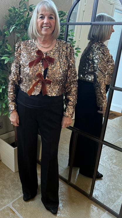 BRONZE SEQUIN JACKET/TOP WITH VELVET BOWS