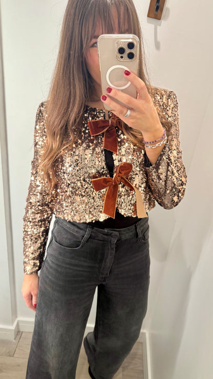 BRONZE SEQUIN JACKET/TOP WITH VELVET BOWS