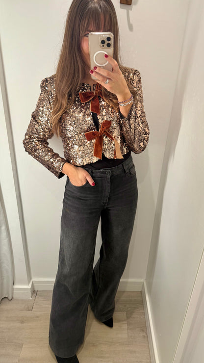 BRONZE SEQUIN JACKET/TOP WITH VELVET BOWS