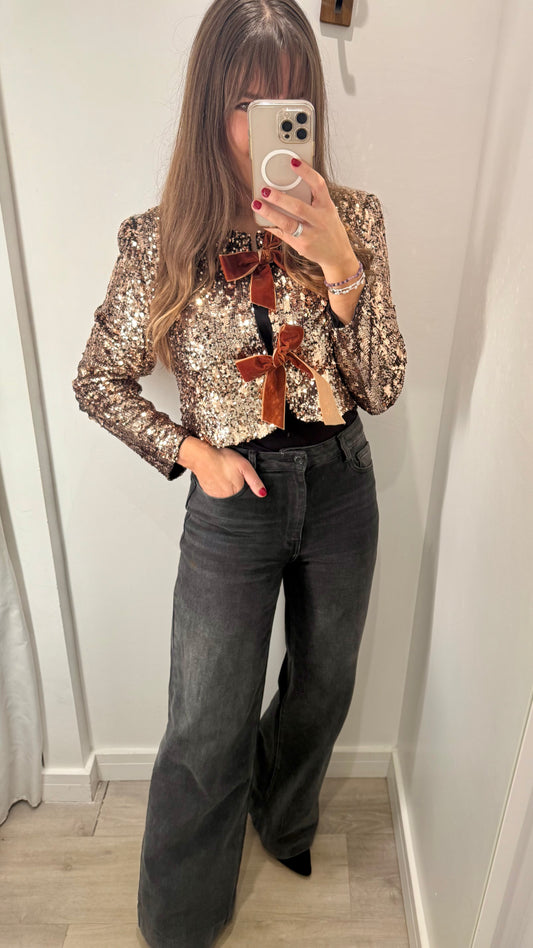 BRONZE SEQUIN JACKET/TOP WITH VELVET BOWS