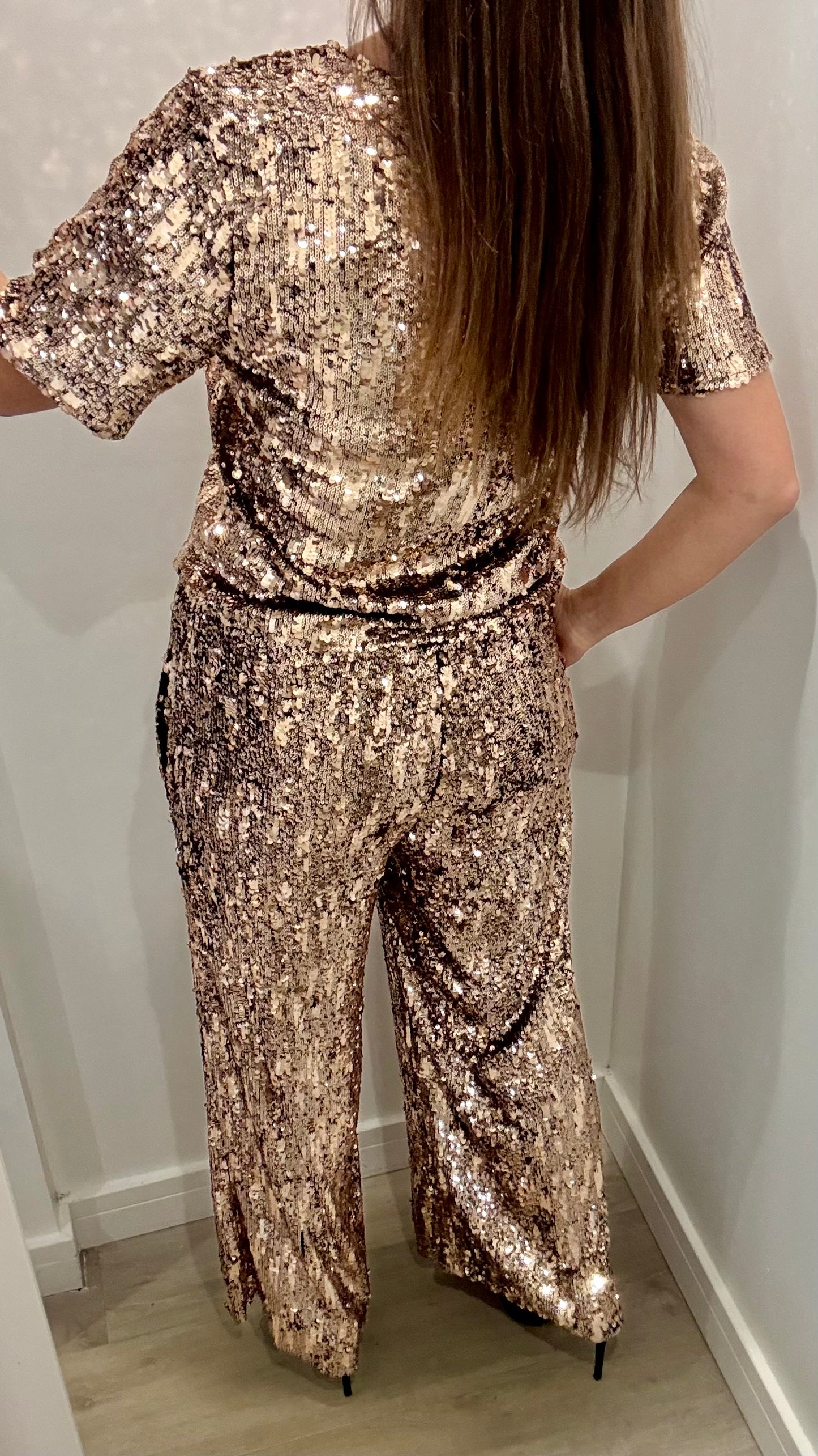 BRONZE SEQUIN TROUSERS – ELASTICATED WAIST