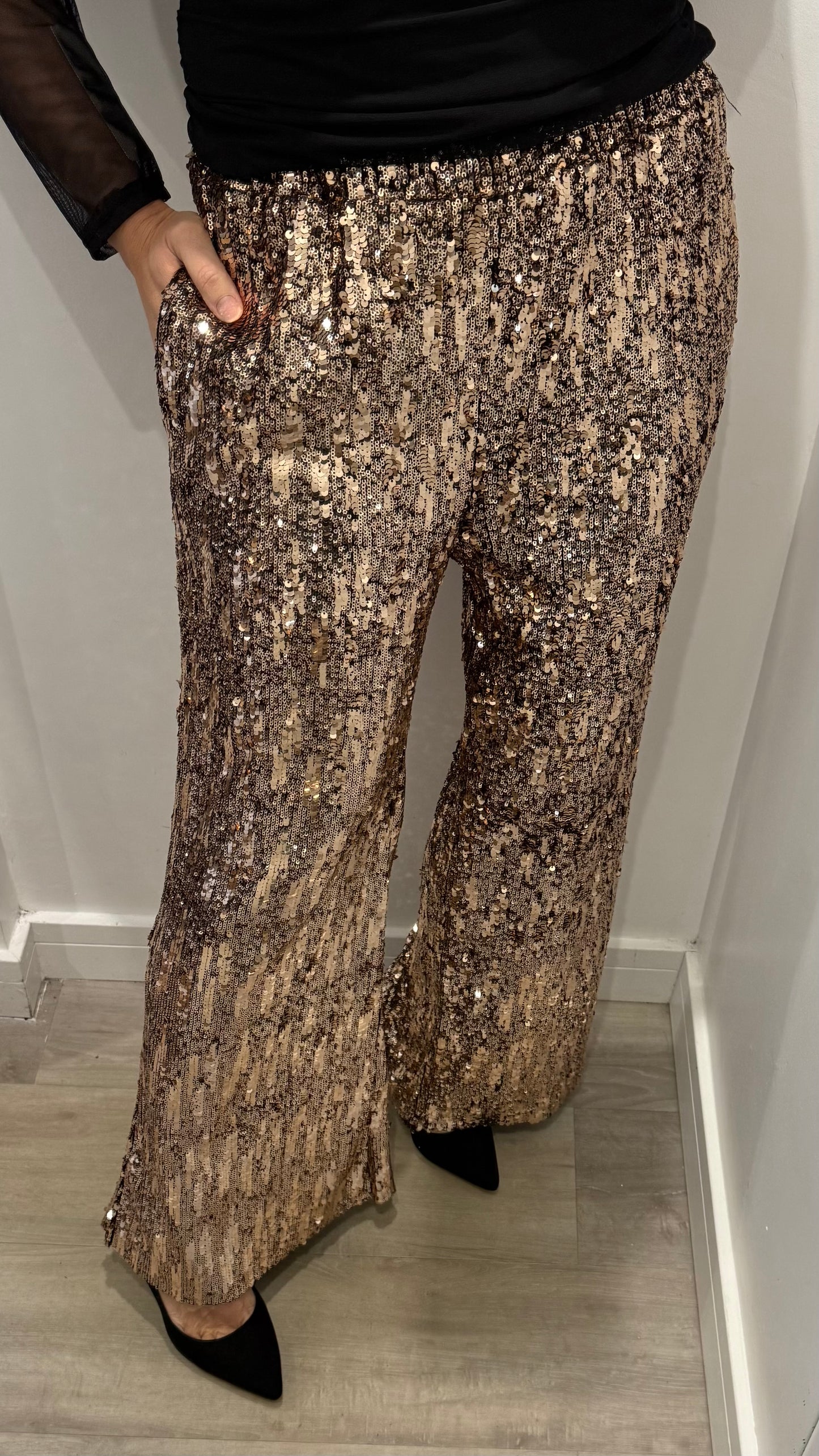 BRONZE SEQUIN TROUSERS – ELASTICATED WAIST