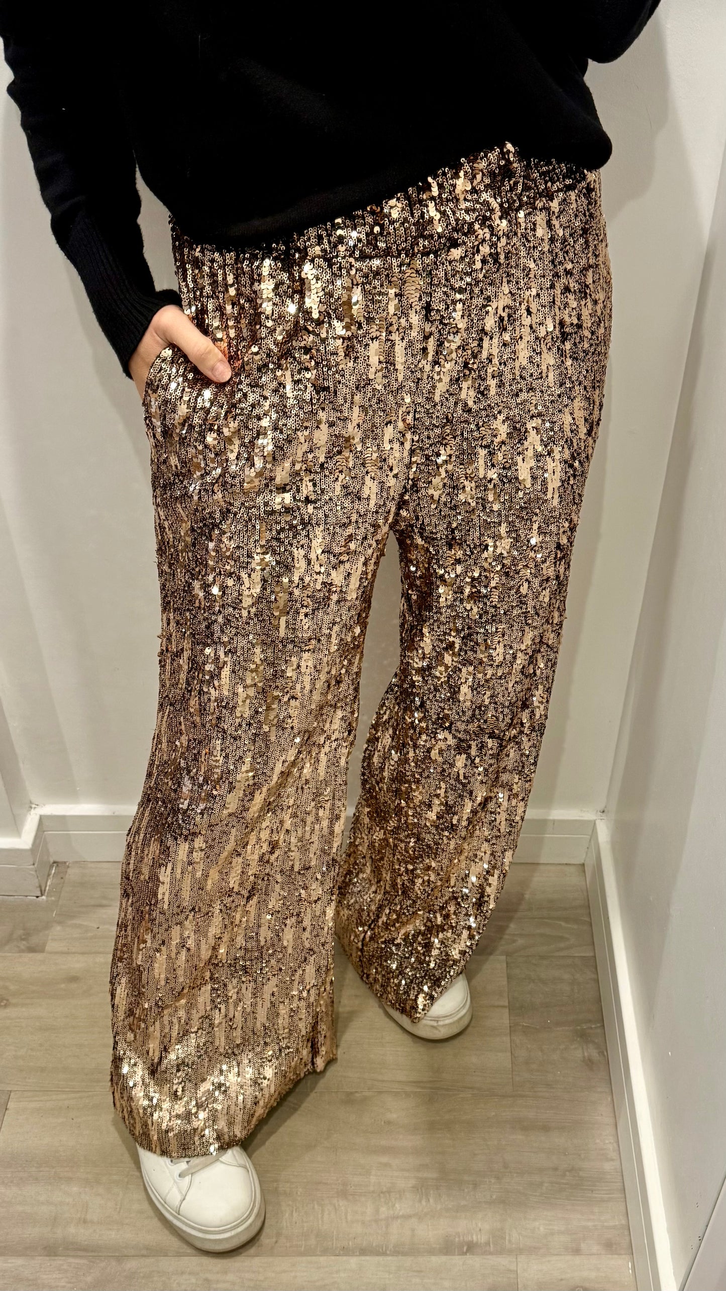 BRONZE SEQUIN TROUSERS – ELASTICATED WAIST