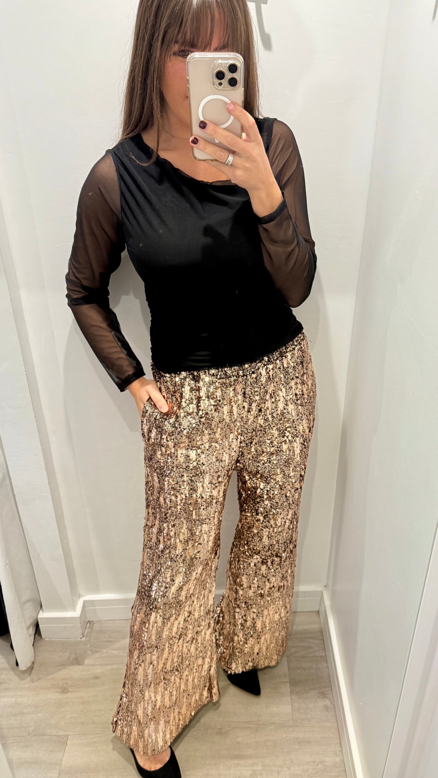 BRONZE SEQUIN TROUSERS – ELASTICATED WAIST