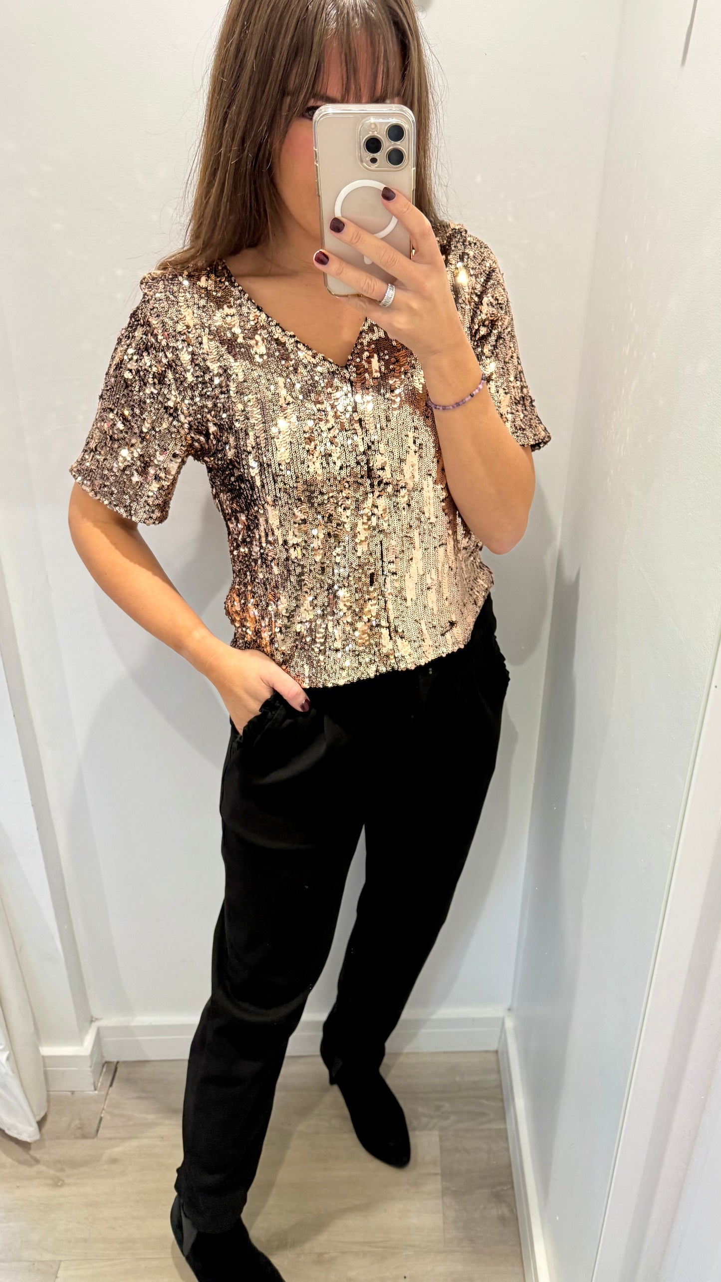 BRONZE SEQUIN V NECK SHORT SLEEVE TOP