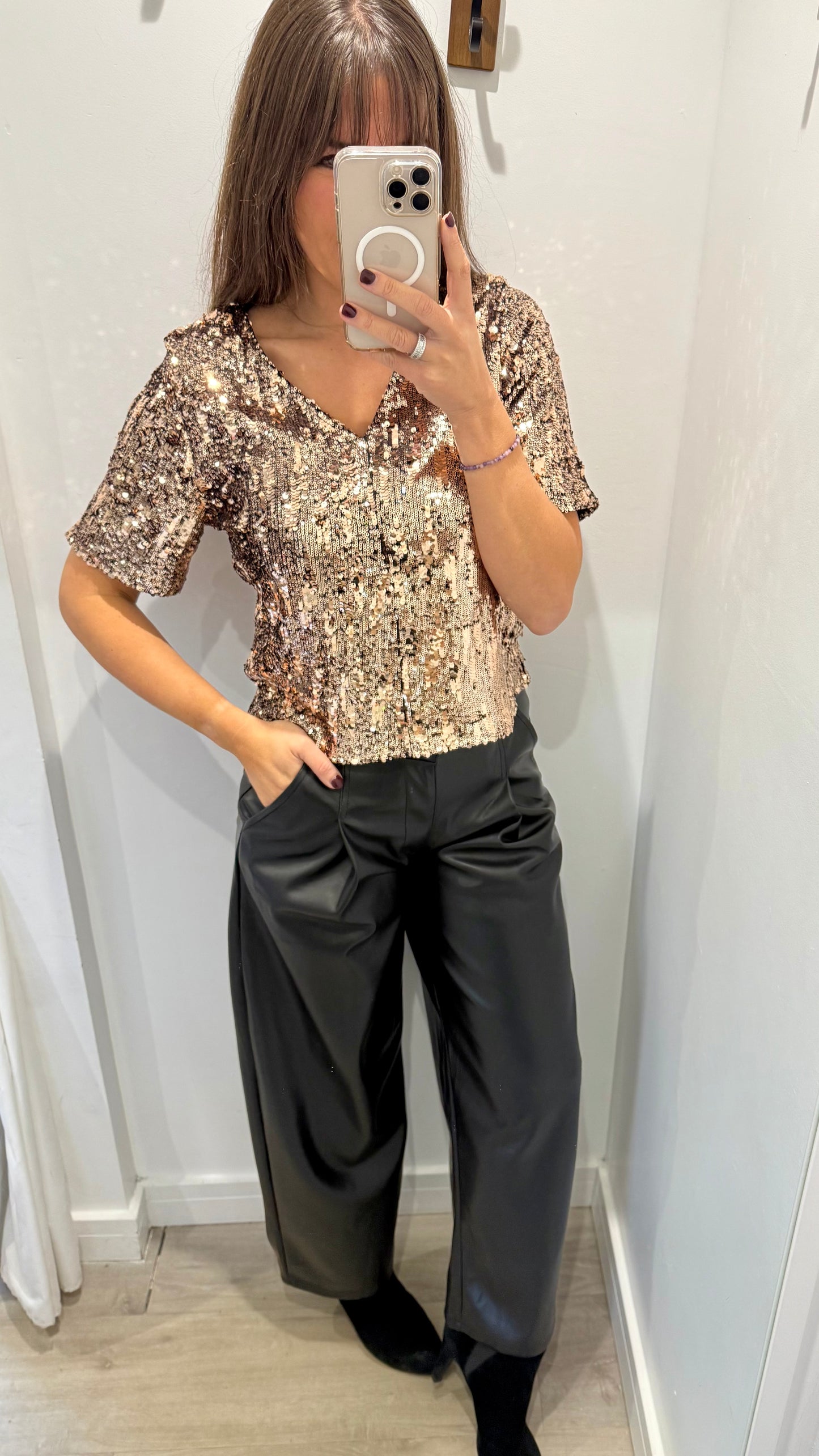 BRONZE SEQUIN V NECK SHORT SLEEVE TOP
