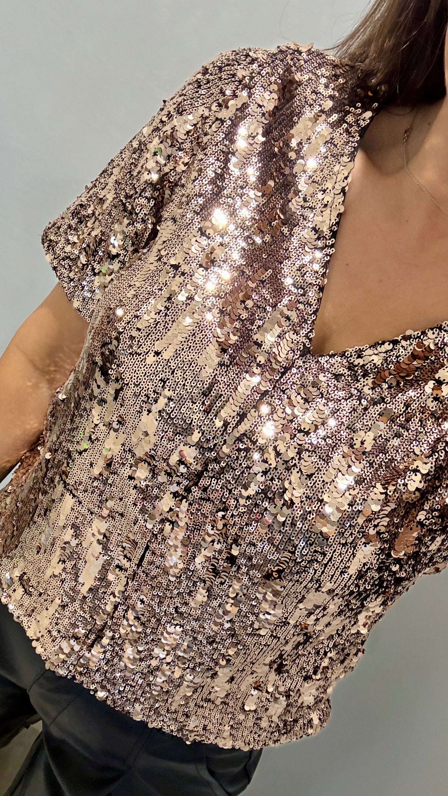 BRONZE SEQUIN V NECK SHORT SLEEVE TOP