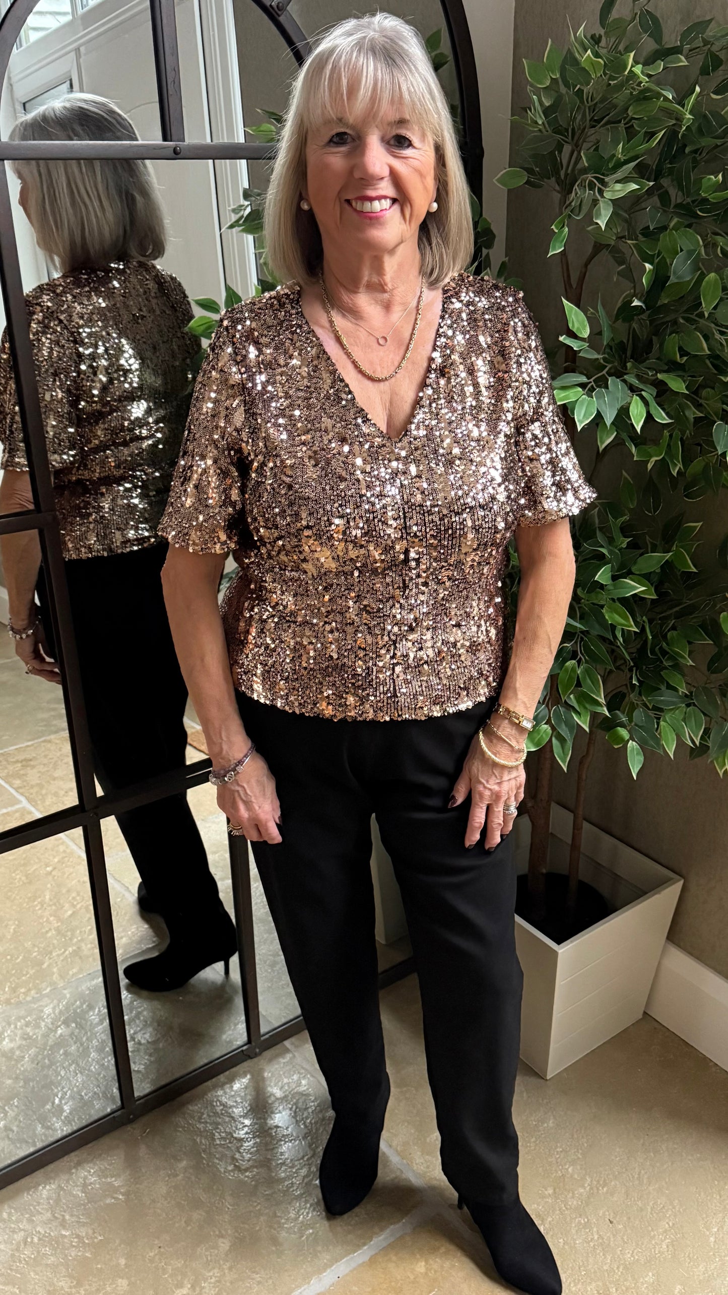 BRONZE SEQUIN V NECK SHORT SLEEVE TOP