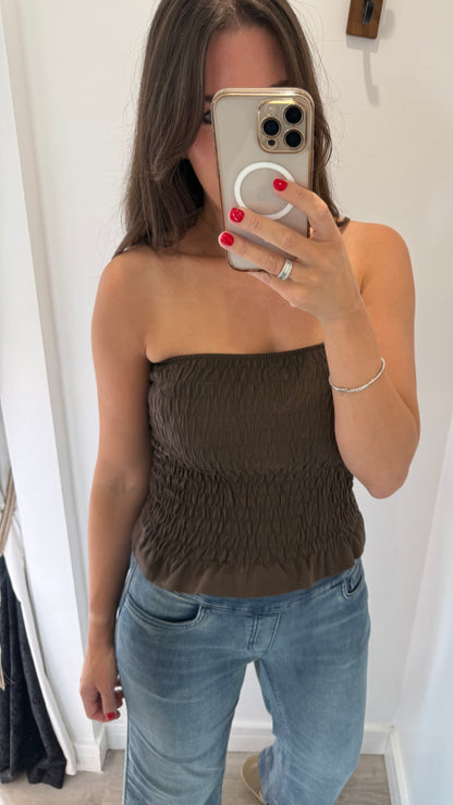 CHOCOLATE SHIRRED BOOB TUBE
