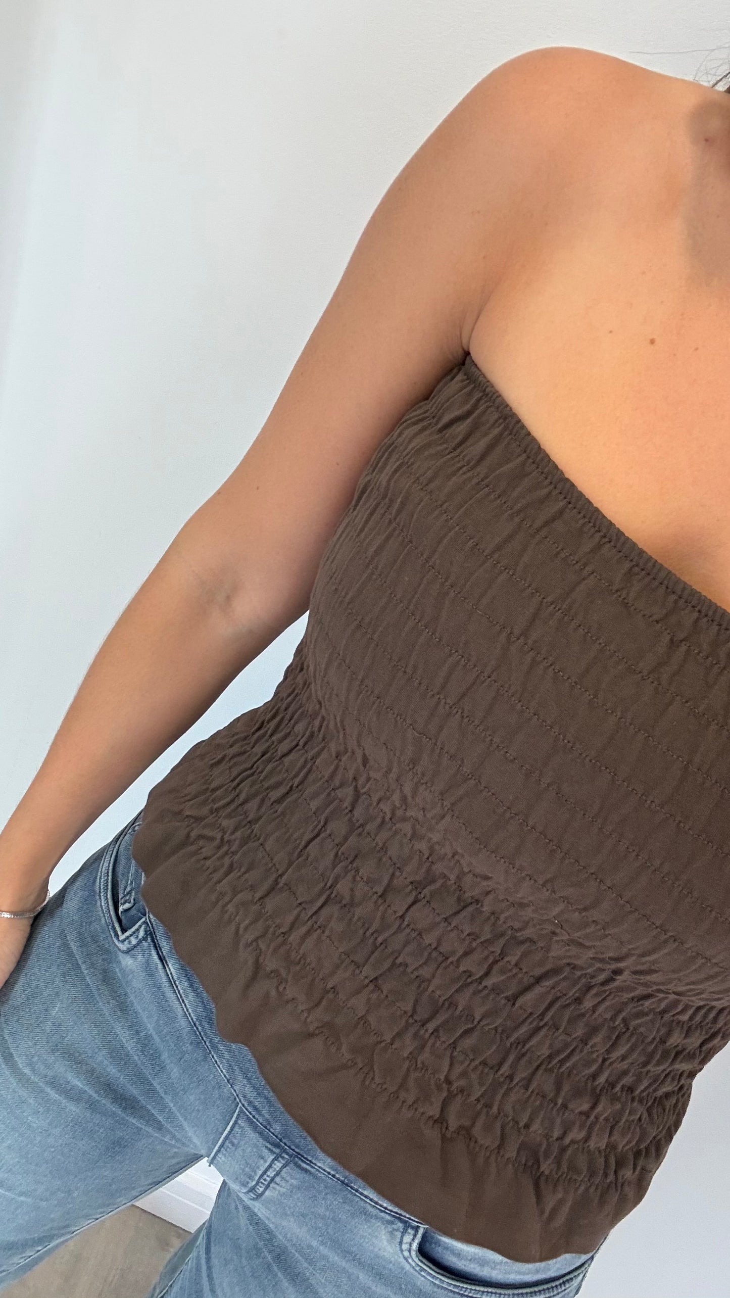 CHOCOLATE SHIRRED BOOB TUBE