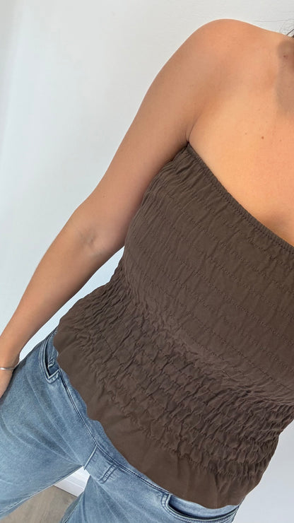 CHOCOLATE SHIRRED BOOB TUBE