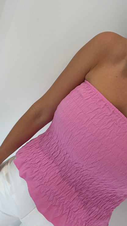 BUBBLEGUM PINK SHIRRED BOOB TUBE