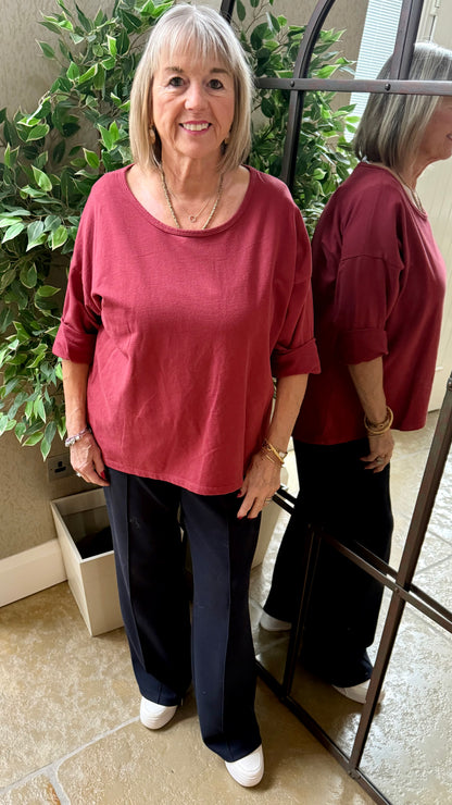 BURGUNDY ROLL SLEEVE SWEAT