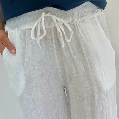 WHITE LINEN WIDE LEG TROUSERS