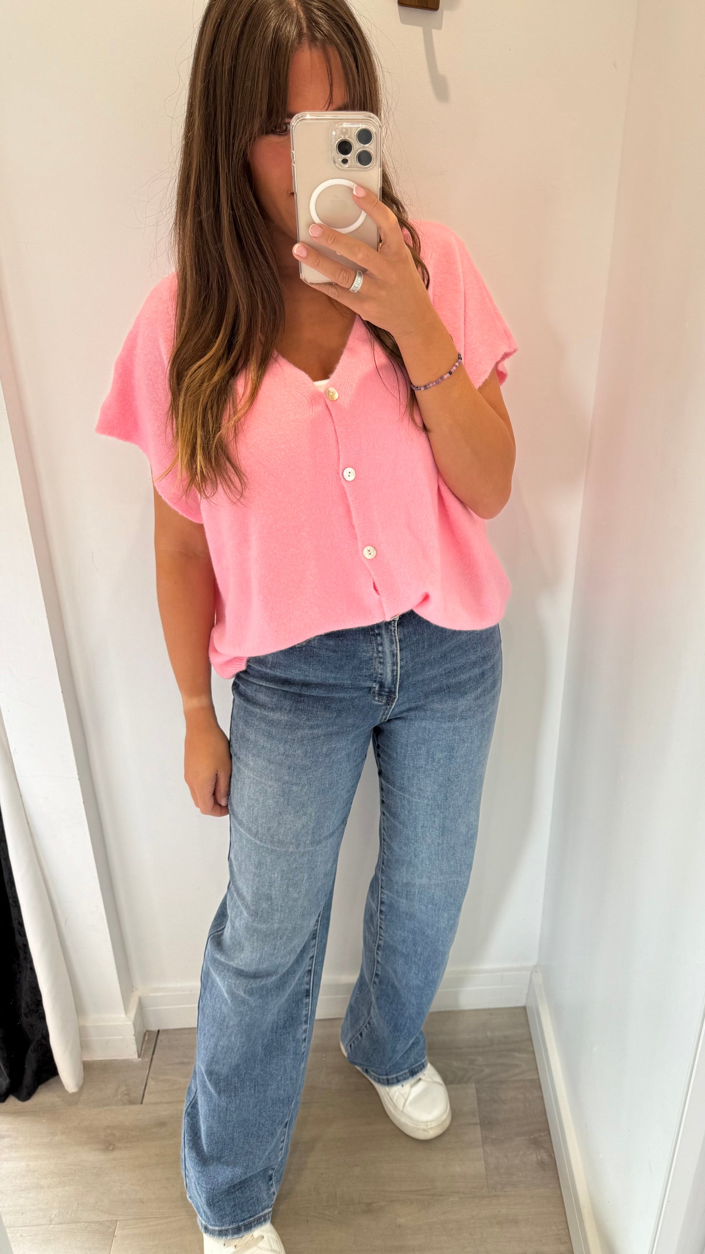 PINK DEEP V BOXY SLEEVELESS CARDIGAN