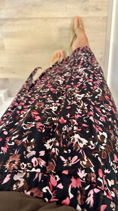 FLORAL PRINT MIDI SKIRT - BLACK WITH BLUSH AND NUDE