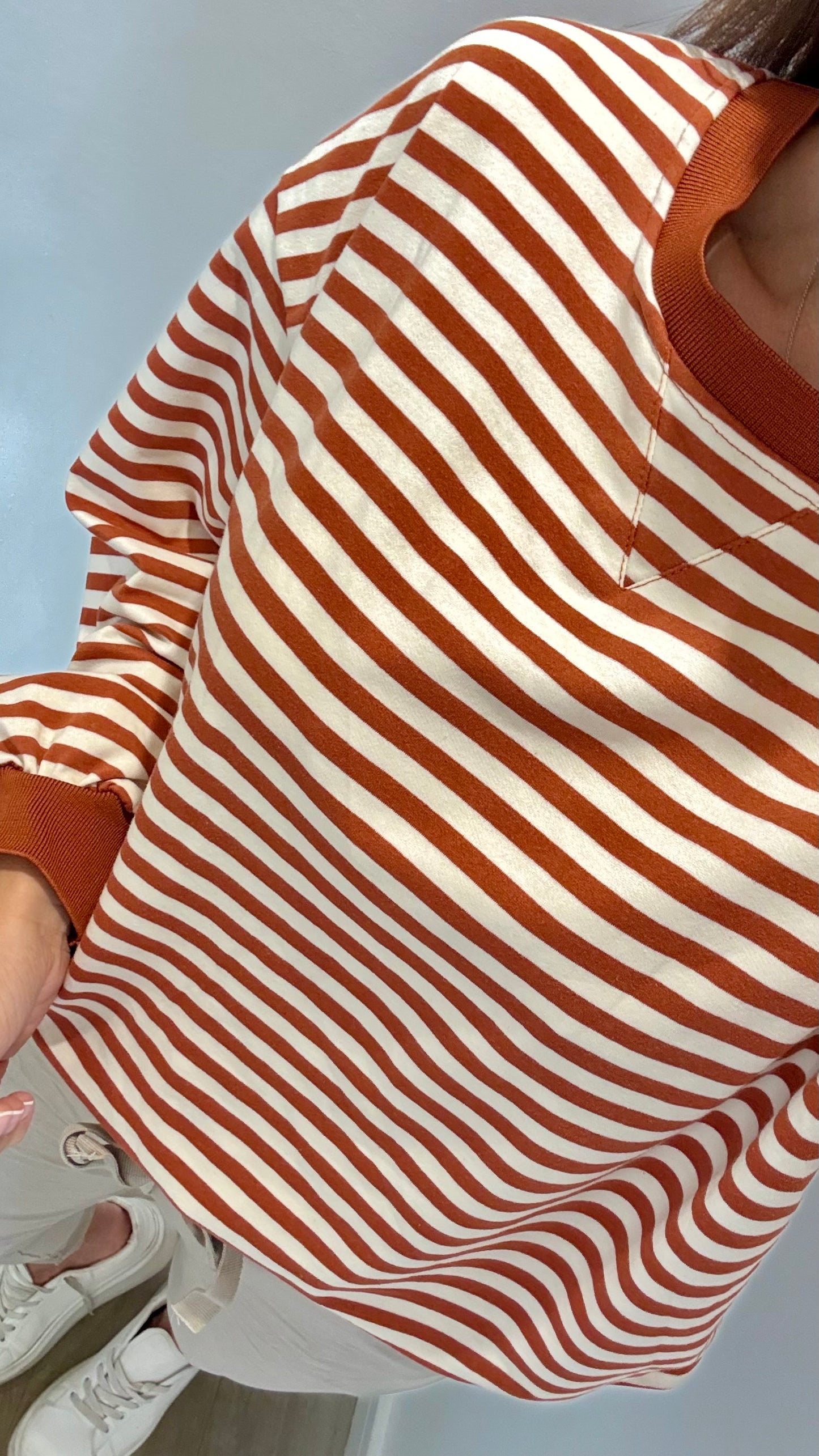 RUST AND CREAM STRIPE CREW SWEAT TOP