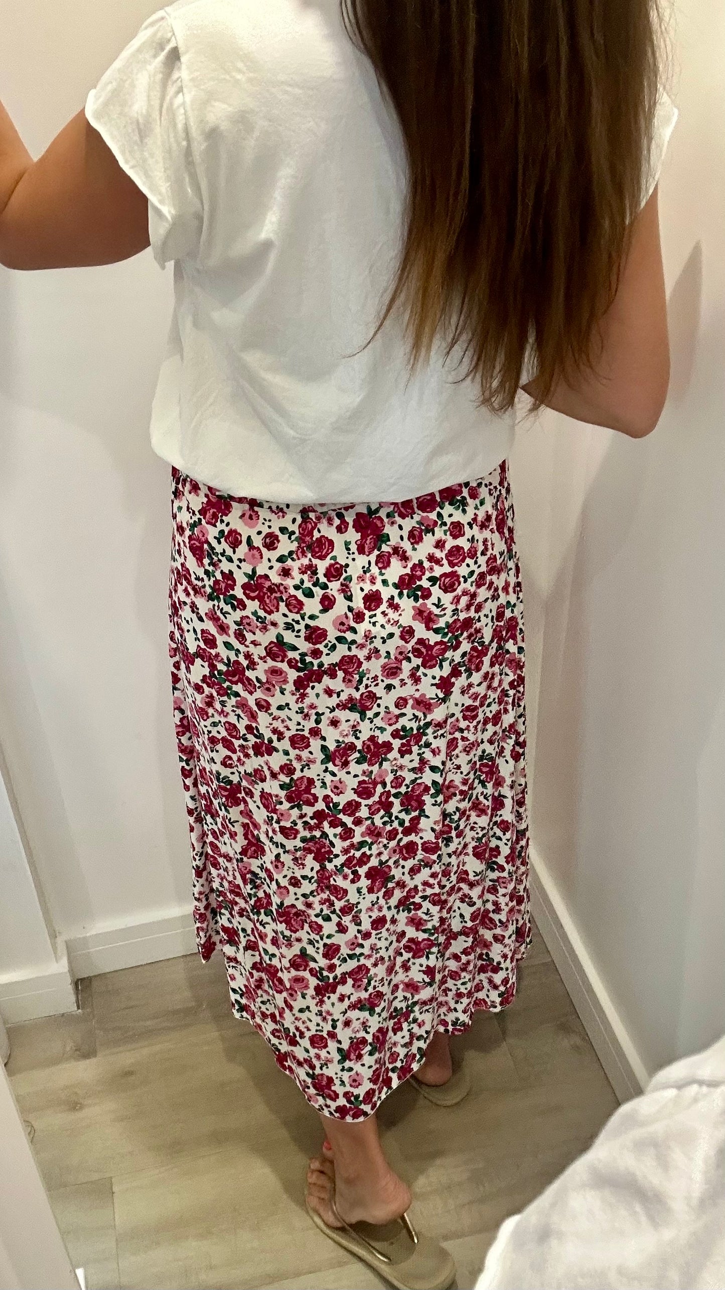 FLORAL PRINT MIDI SKIRT - WHITE WITH GREEN AND PINK