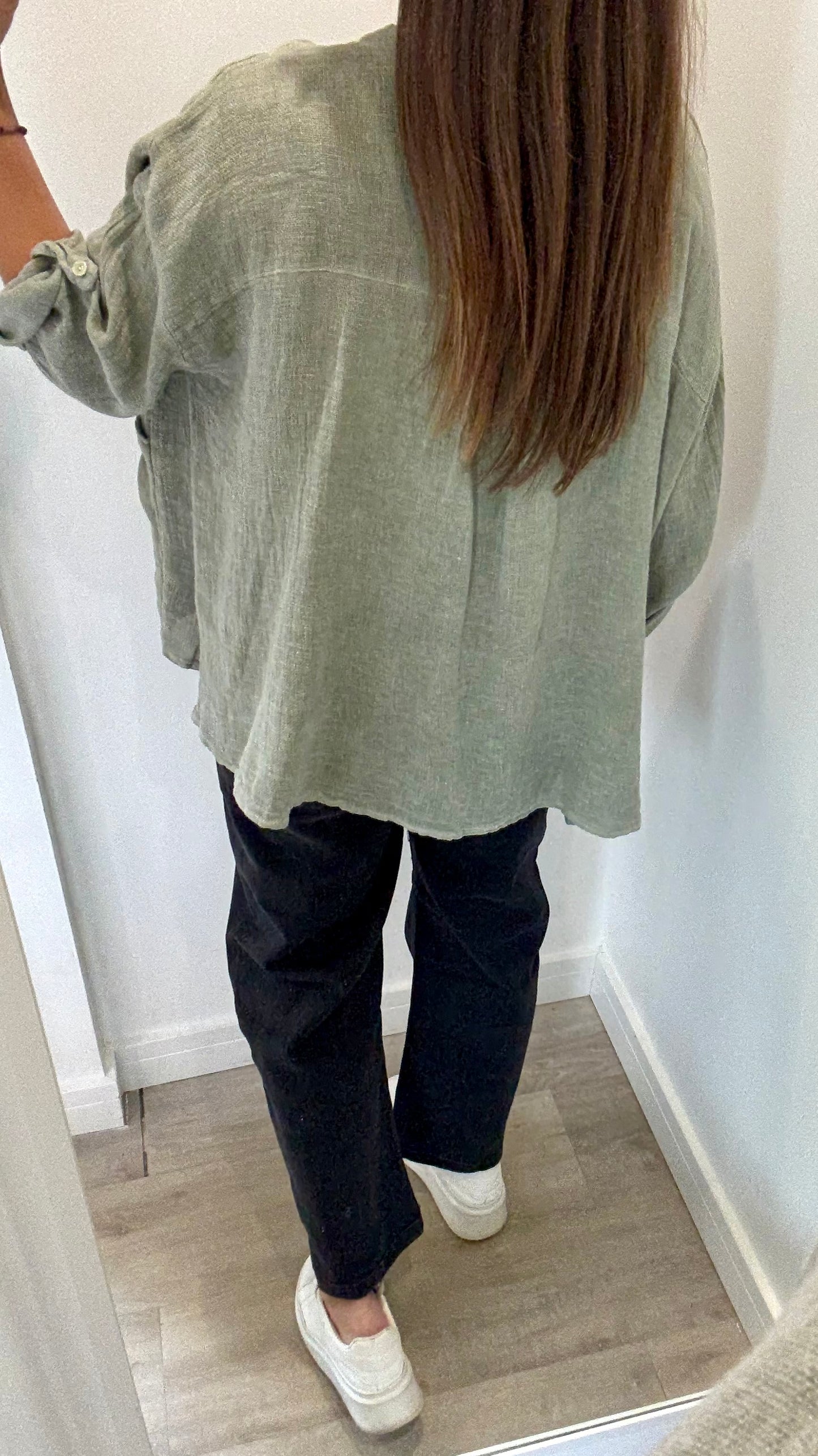 KHAKI LINEN MIX V NECK TEABAG TOP