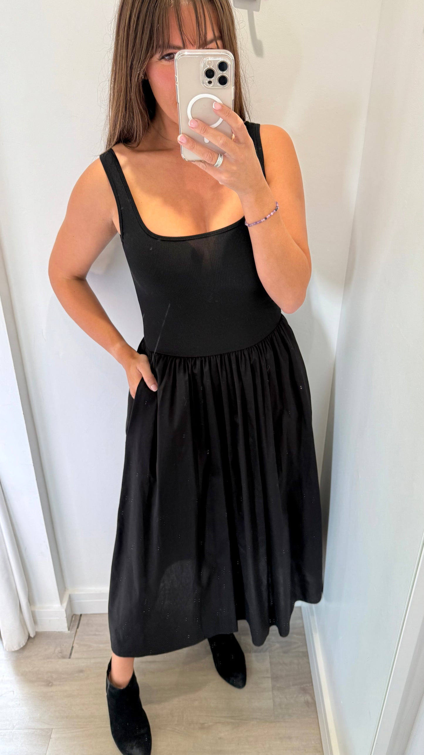 BLACK VEST DRESS WITH FULL SKIRT (AND POCKETS!)