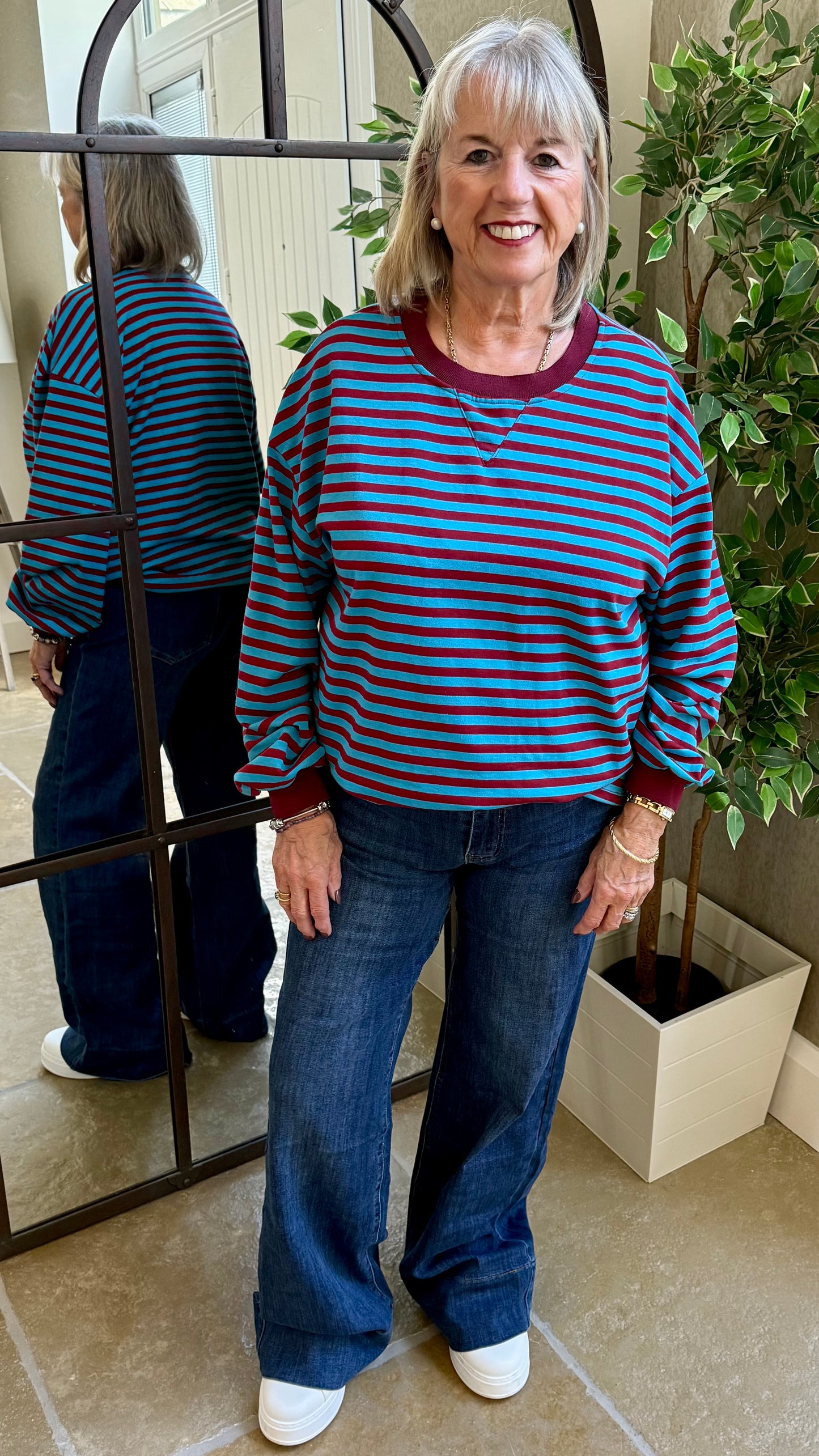 MERLOT AND BLUE STRIPE CREW SWEAT TOP