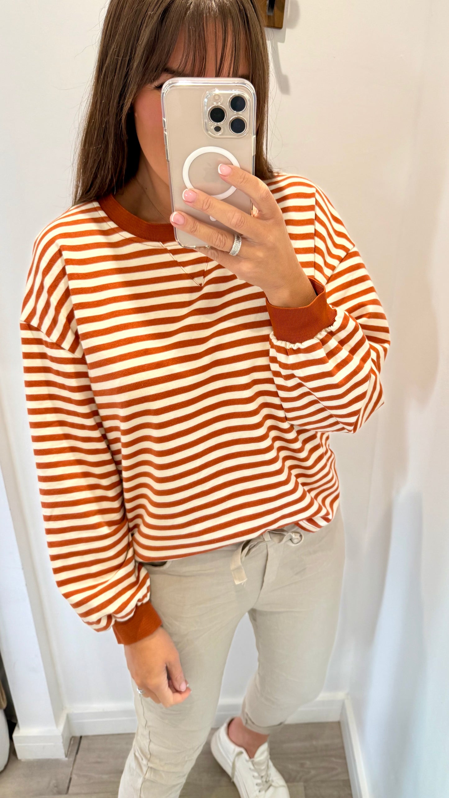 RUST AND CREAM STRIPE CREW SWEAT TOP