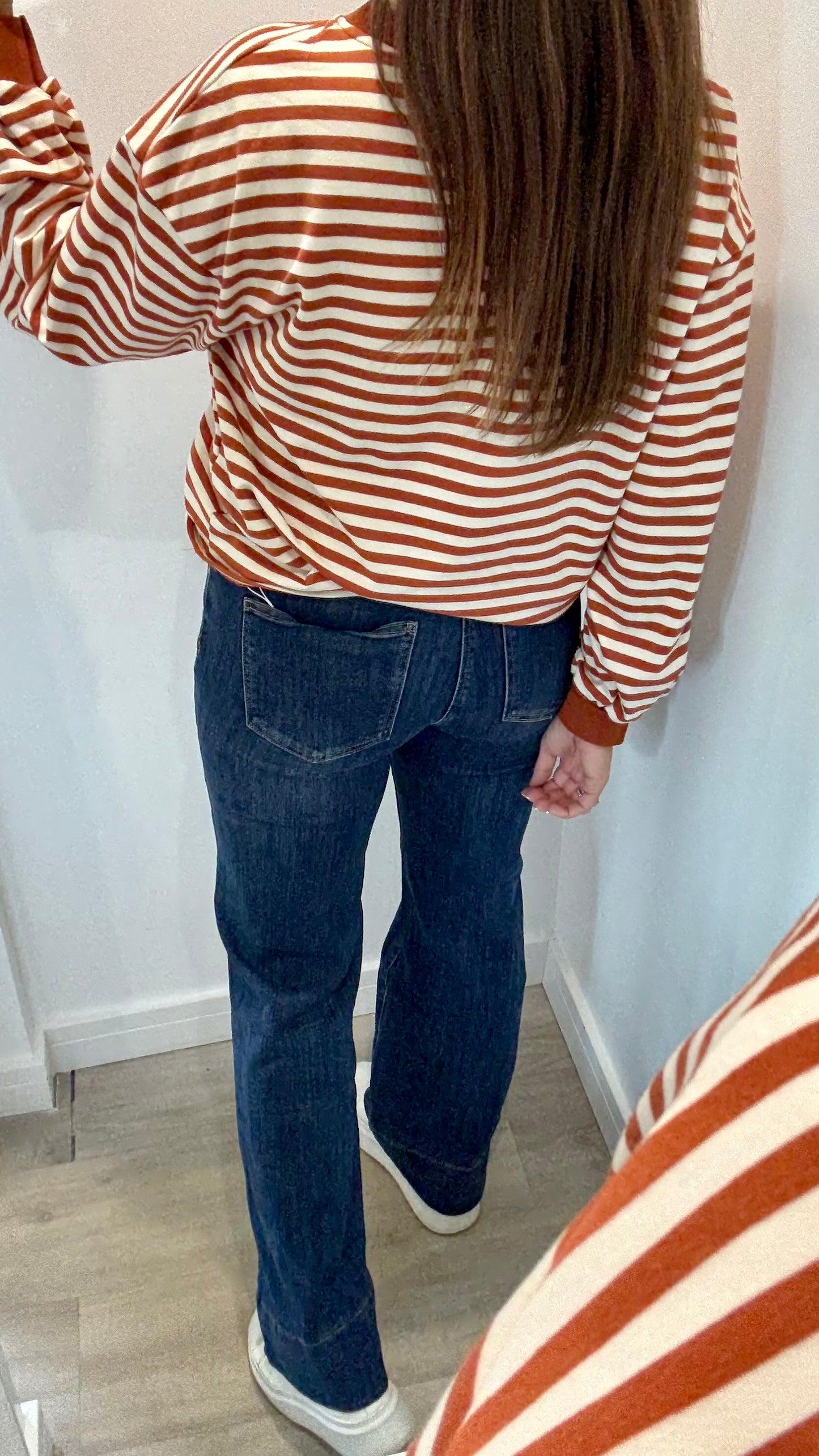 RUST AND CREAM STRIPE CREW SWEAT TOP