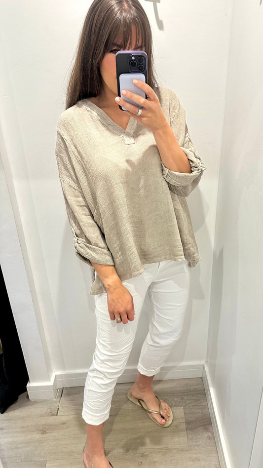 STONE LINEN MIX V NECK TEABAG TOP