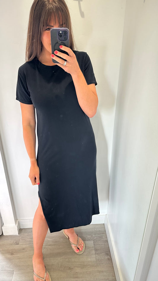 BLACK JERSEY RAW EDGE MIDI T-SHIRT DRESS
