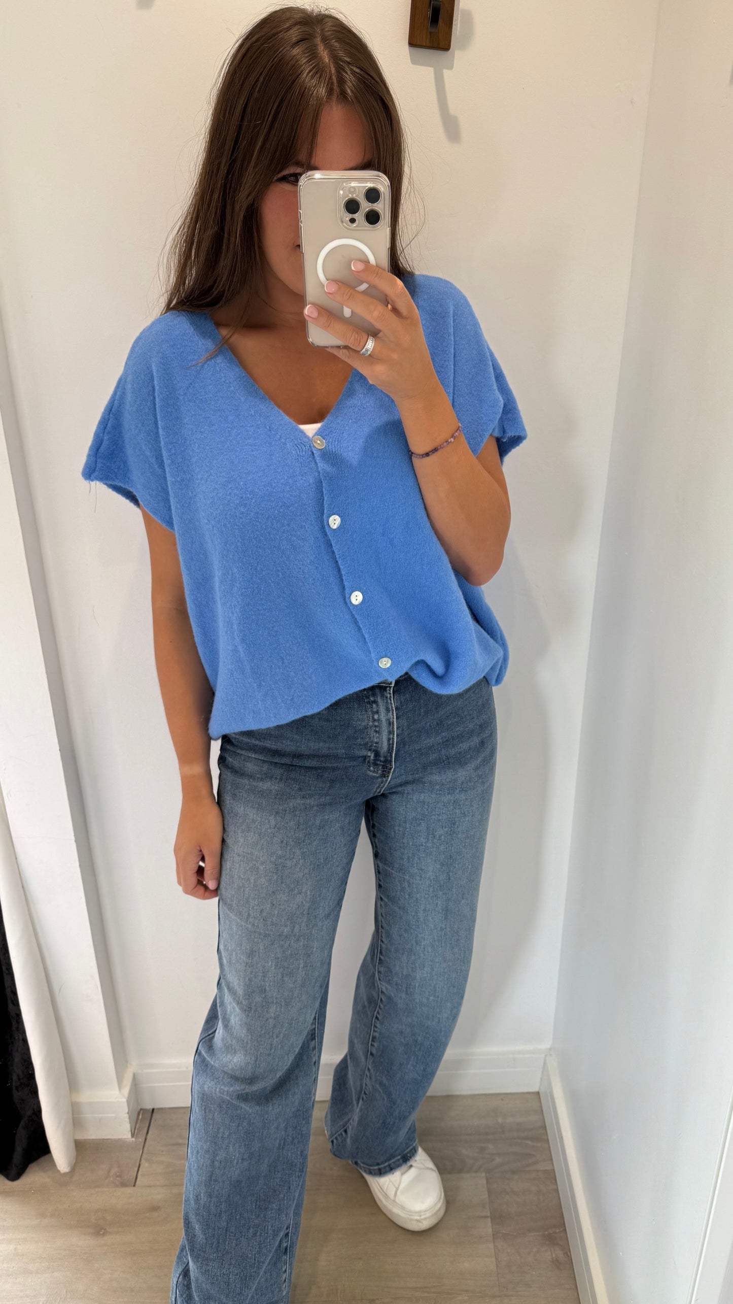 BLUE DEEP V BOXY SLEEVELESS CARDIGAN