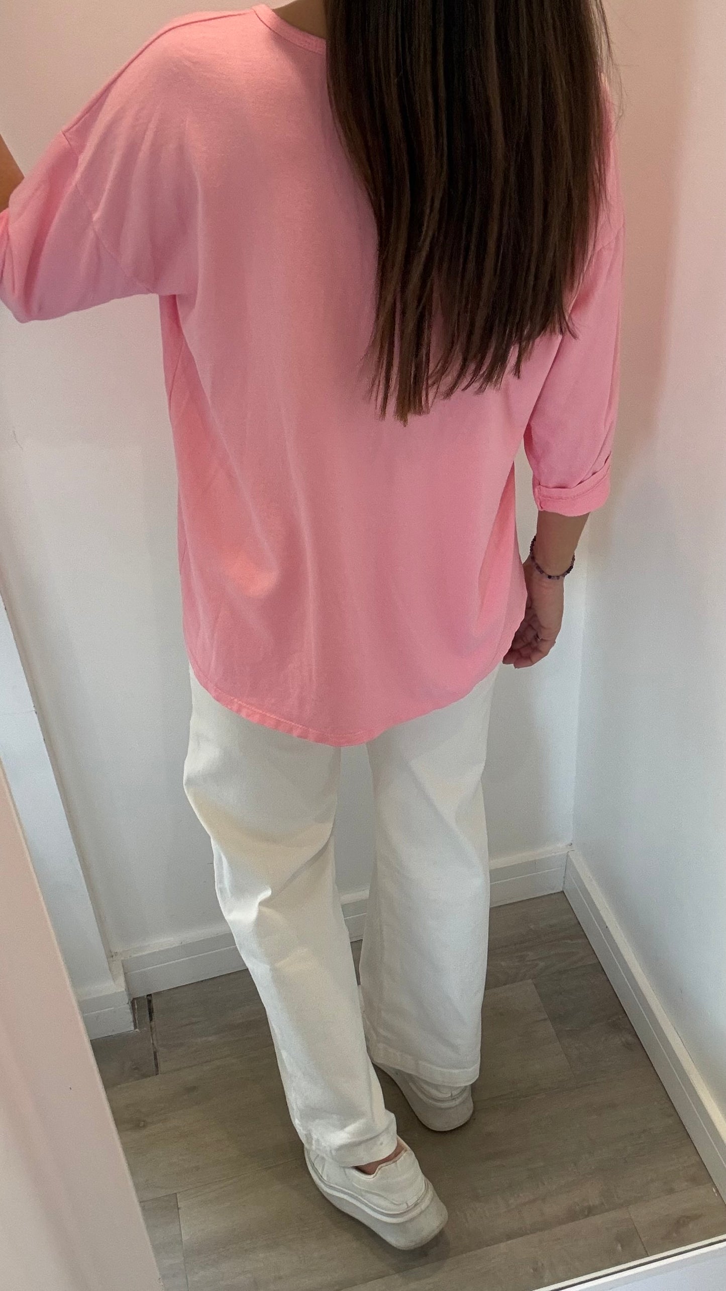 CANDY PINK ROLL SLEEVE SWEAT