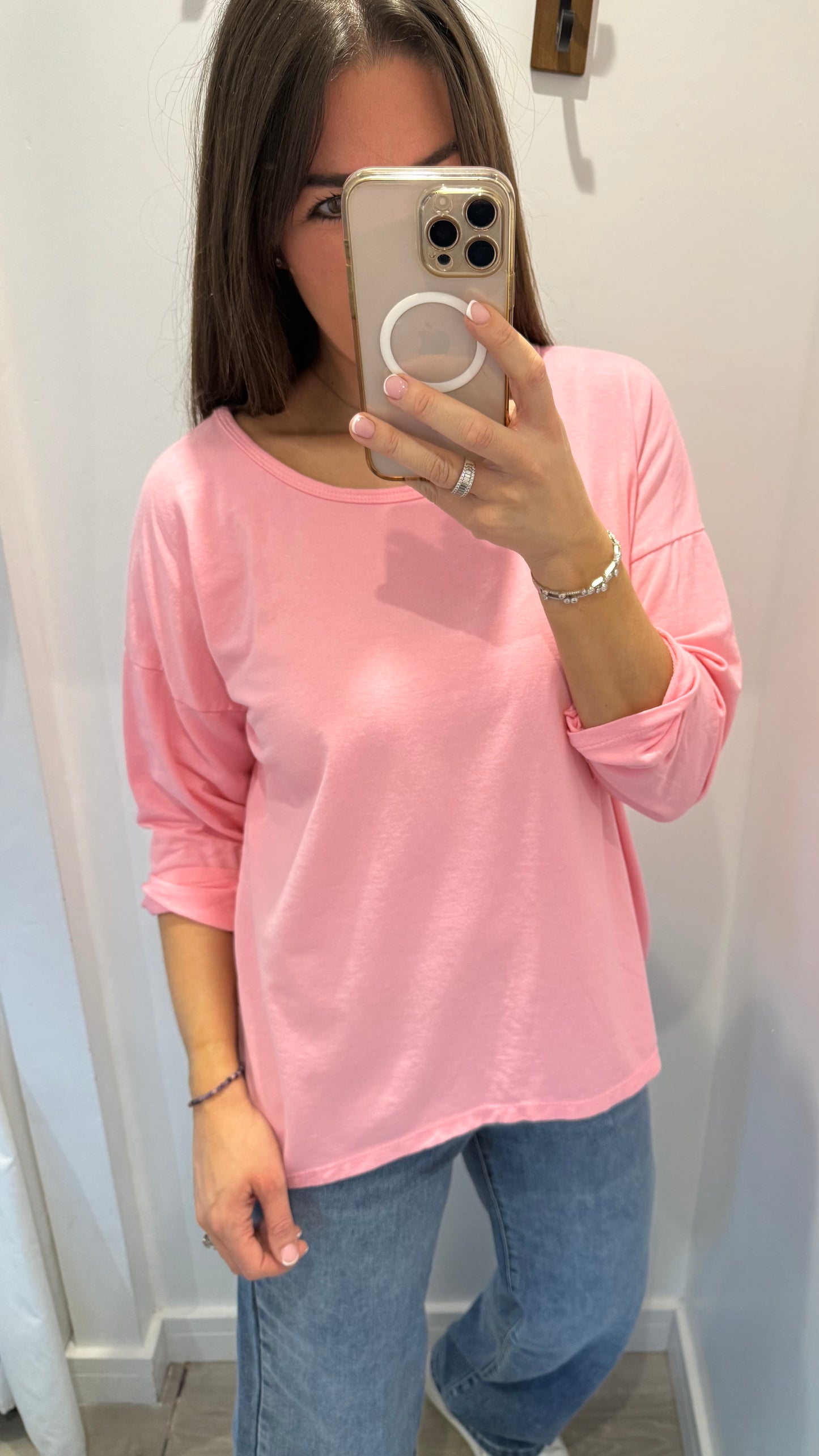 CANDY PINK ROLL SLEEVE SWEAT