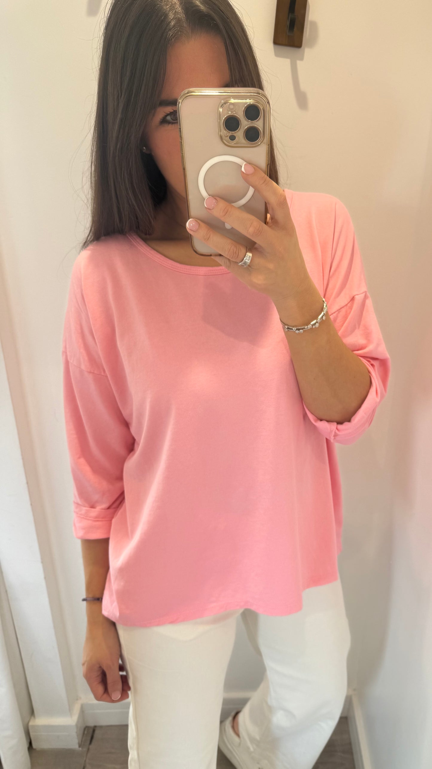 CANDY PINK ROLL SLEEVE SWEAT